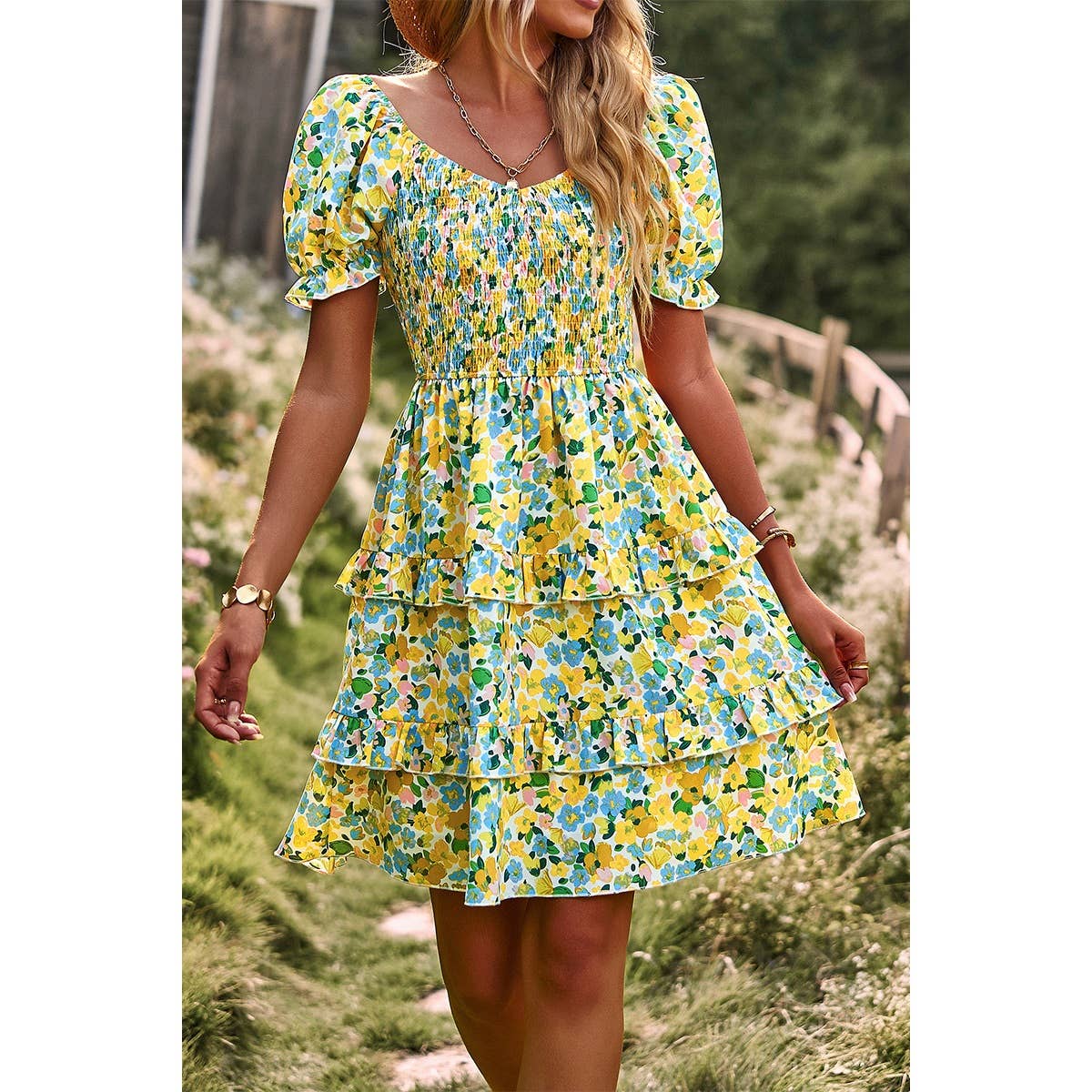 Floral Print Off Shoulder Flounce Sleeve Ruffle Hem Dress