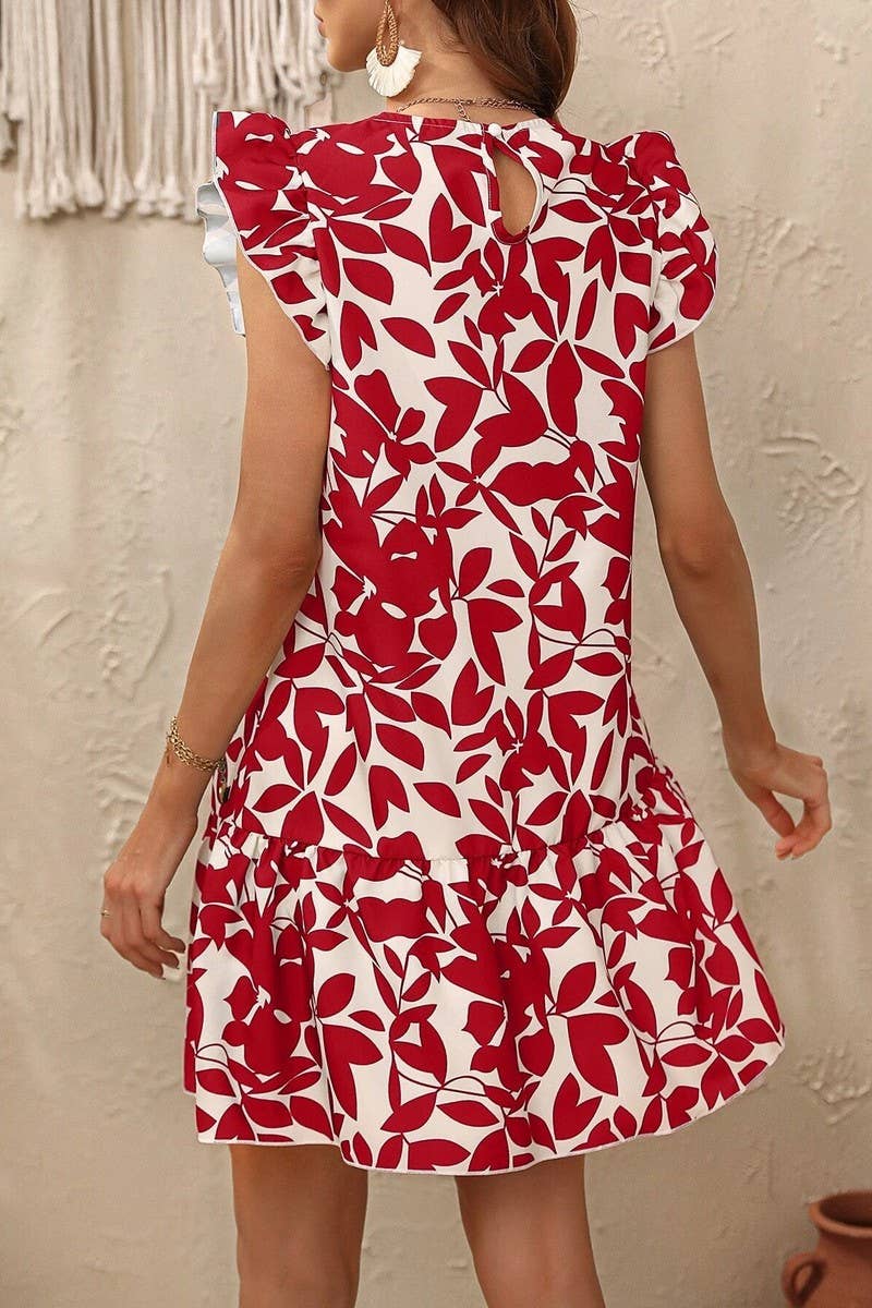 SUMMER FLYING SLEEVE RUFFLED PRINT DRESS