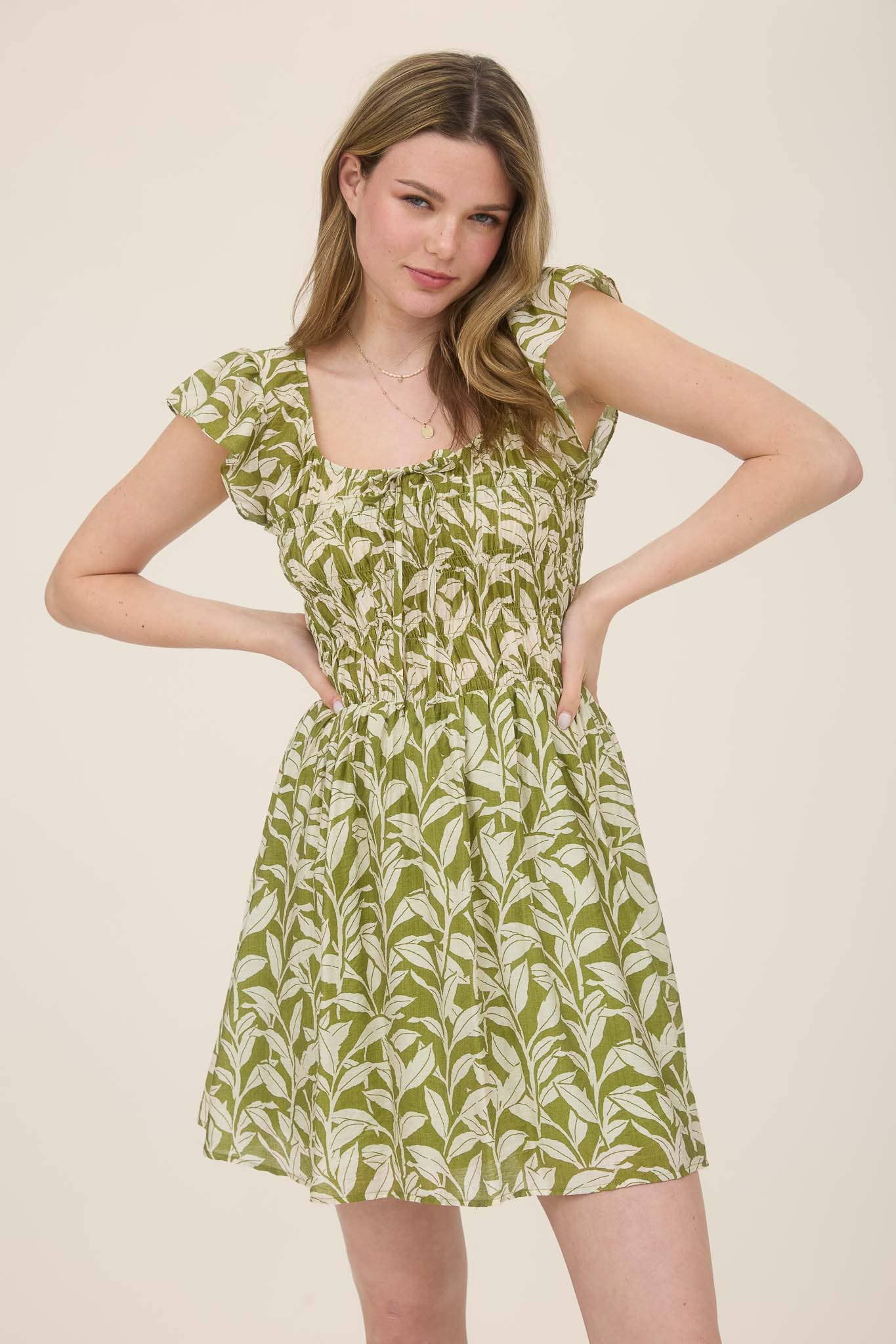 LEAF PRINT FRONT TIE SMOCKED BODICE MINI DRESS