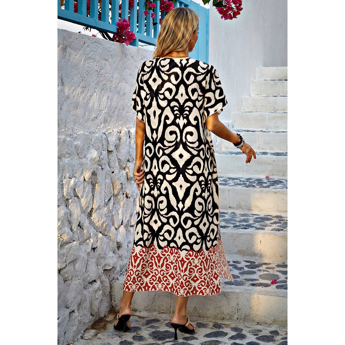 Random Printed V Neck Split Loose Dress