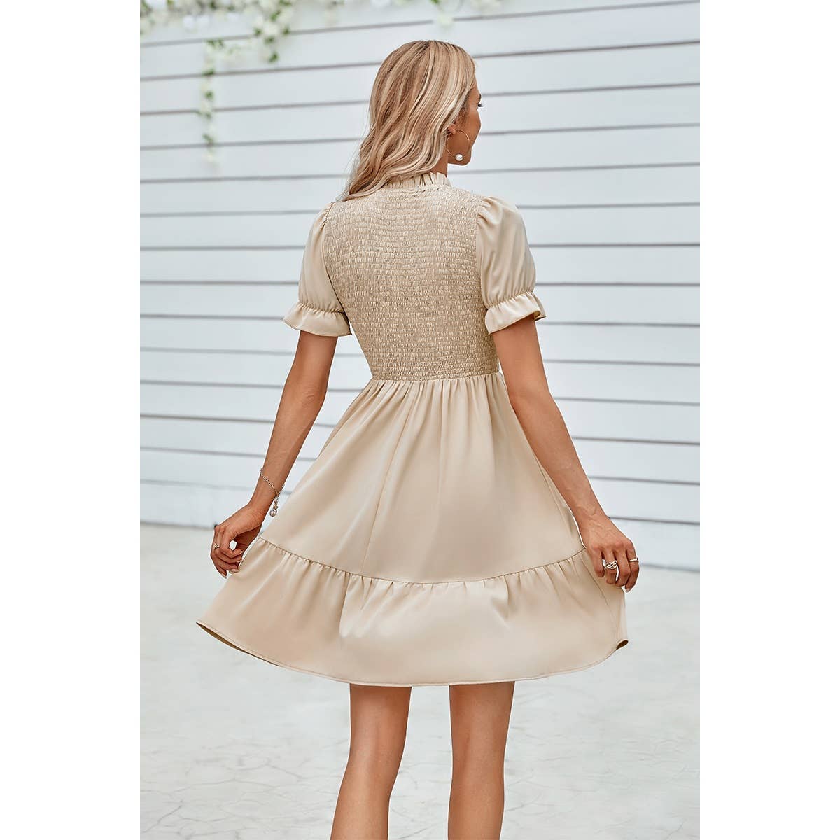 Solid Puff Sleeve Shirred Detail Ruffle Hem Dress