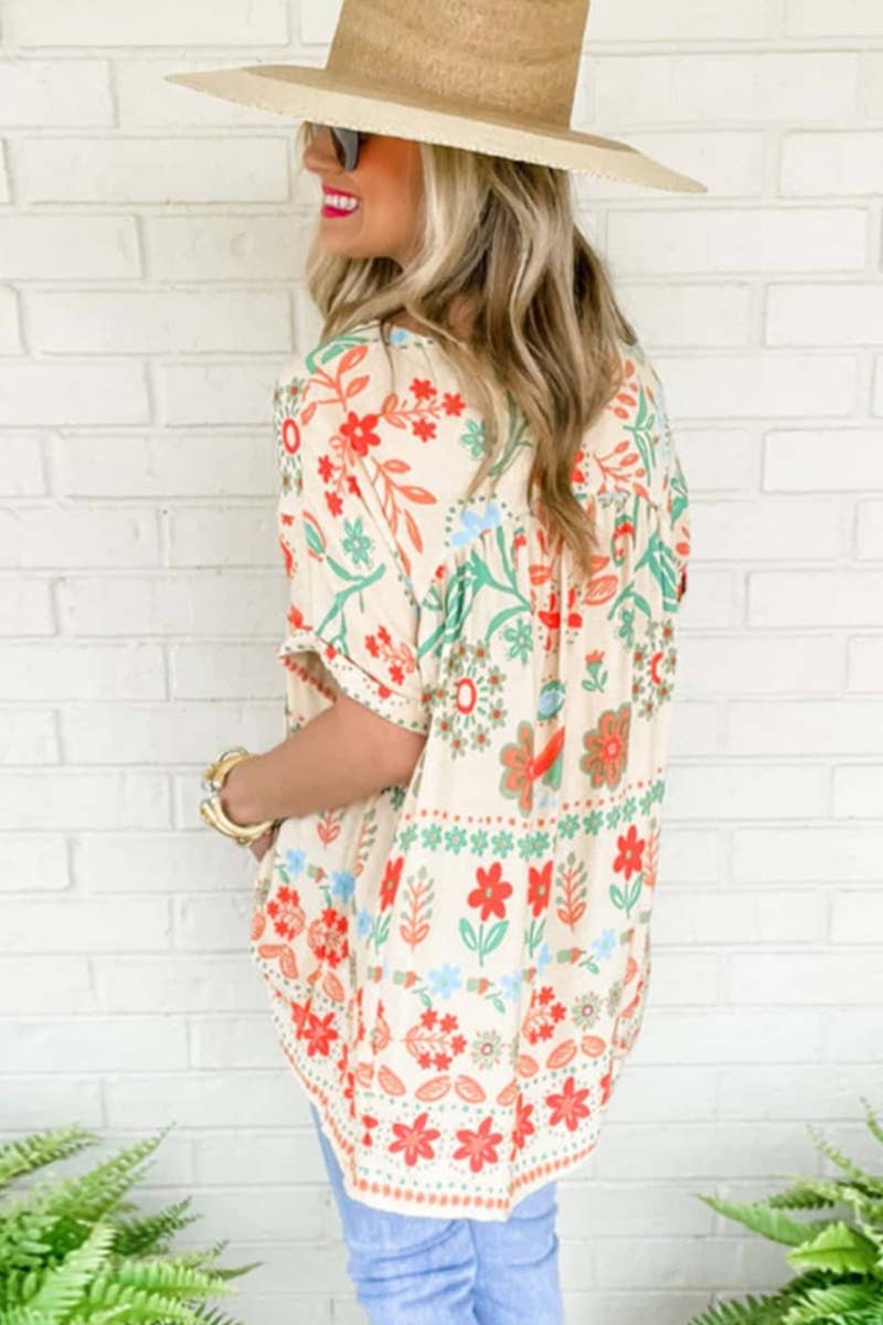 VINTAGE PRINTED SHORT-SLEEVED CHIFFON TOP