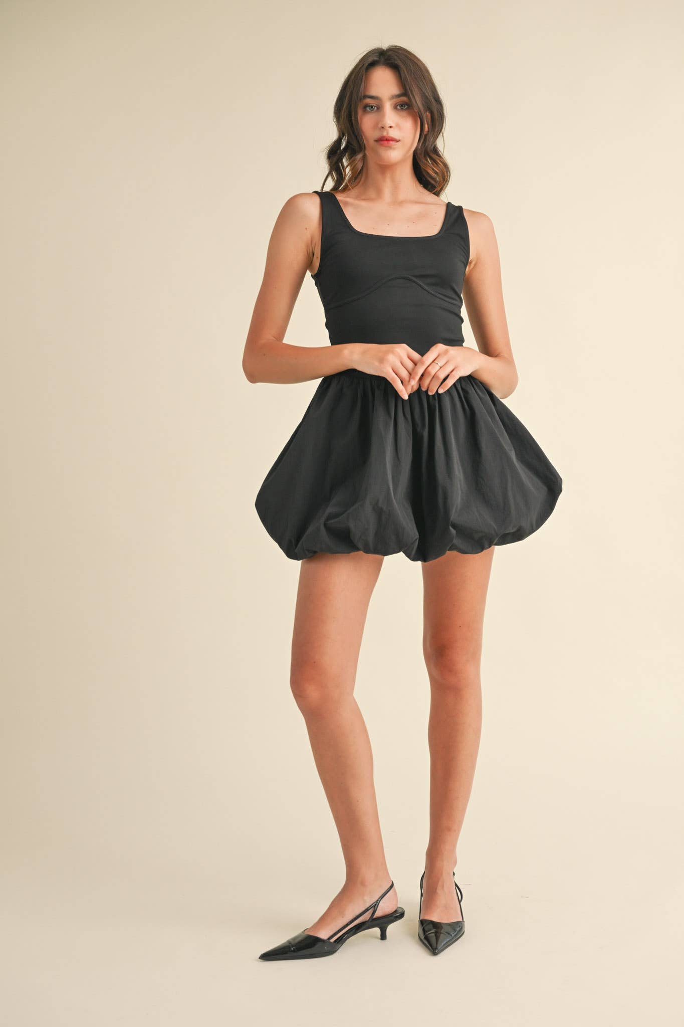 BUBBLE HEM MIXED MEDIA MINI DRESS