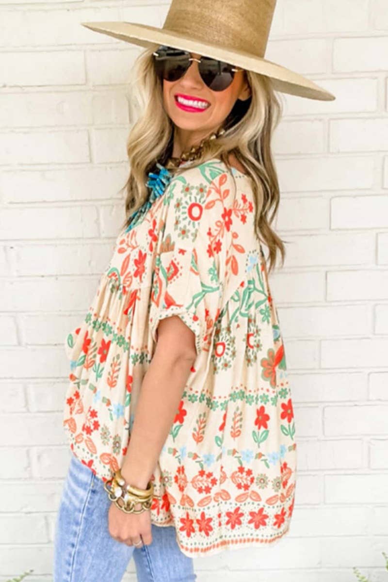 VINTAGE PRINTED SHORT-SLEEVED CHIFFON TOP