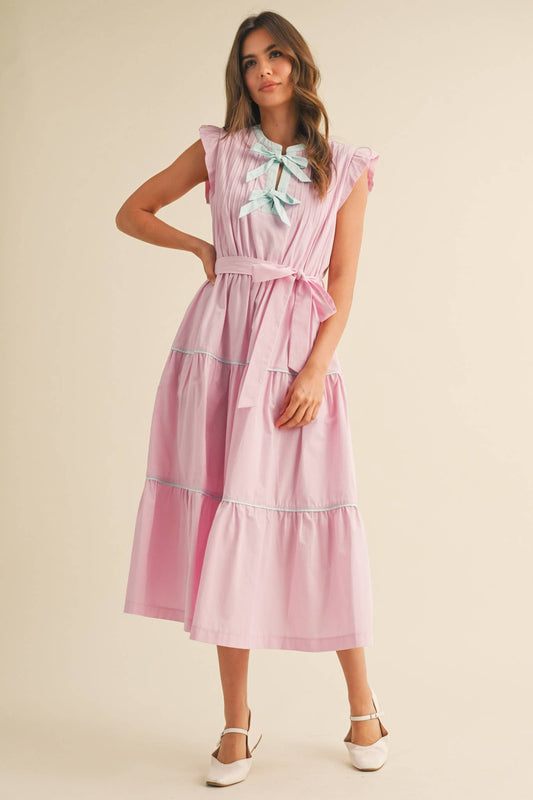 PIN TUCK AND BOW DETAIL TIERED MIDI DRESS