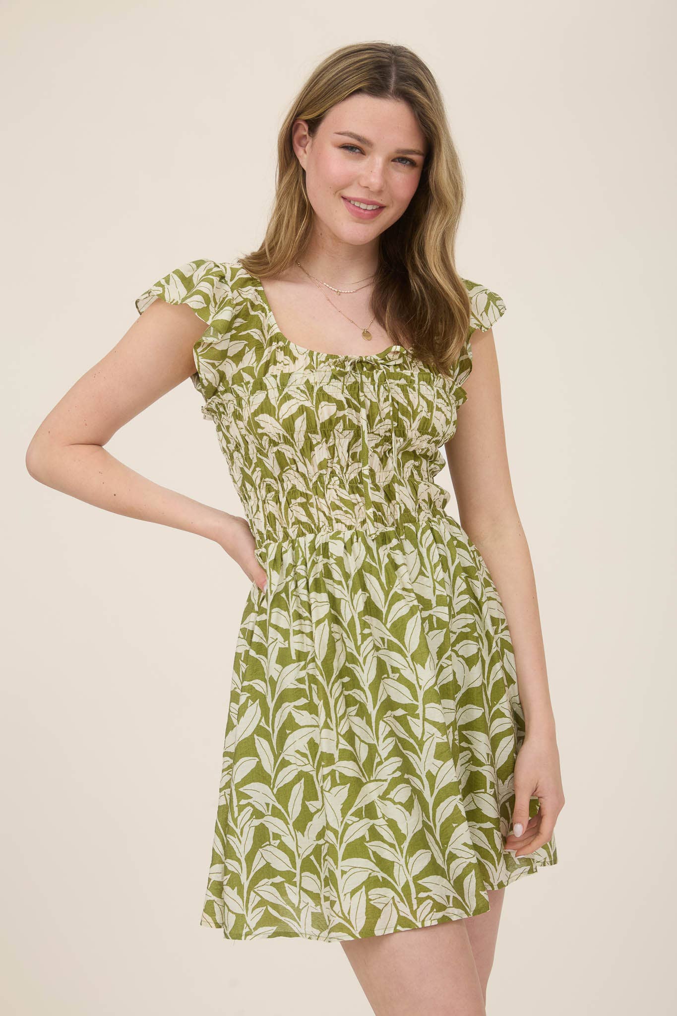 LEAF PRINT FRONT TIE SMOCKED BODICE MINI DRESS
