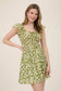 LEAF PRINT FRONT TIE SMOCKED BODICE MINI DRESS