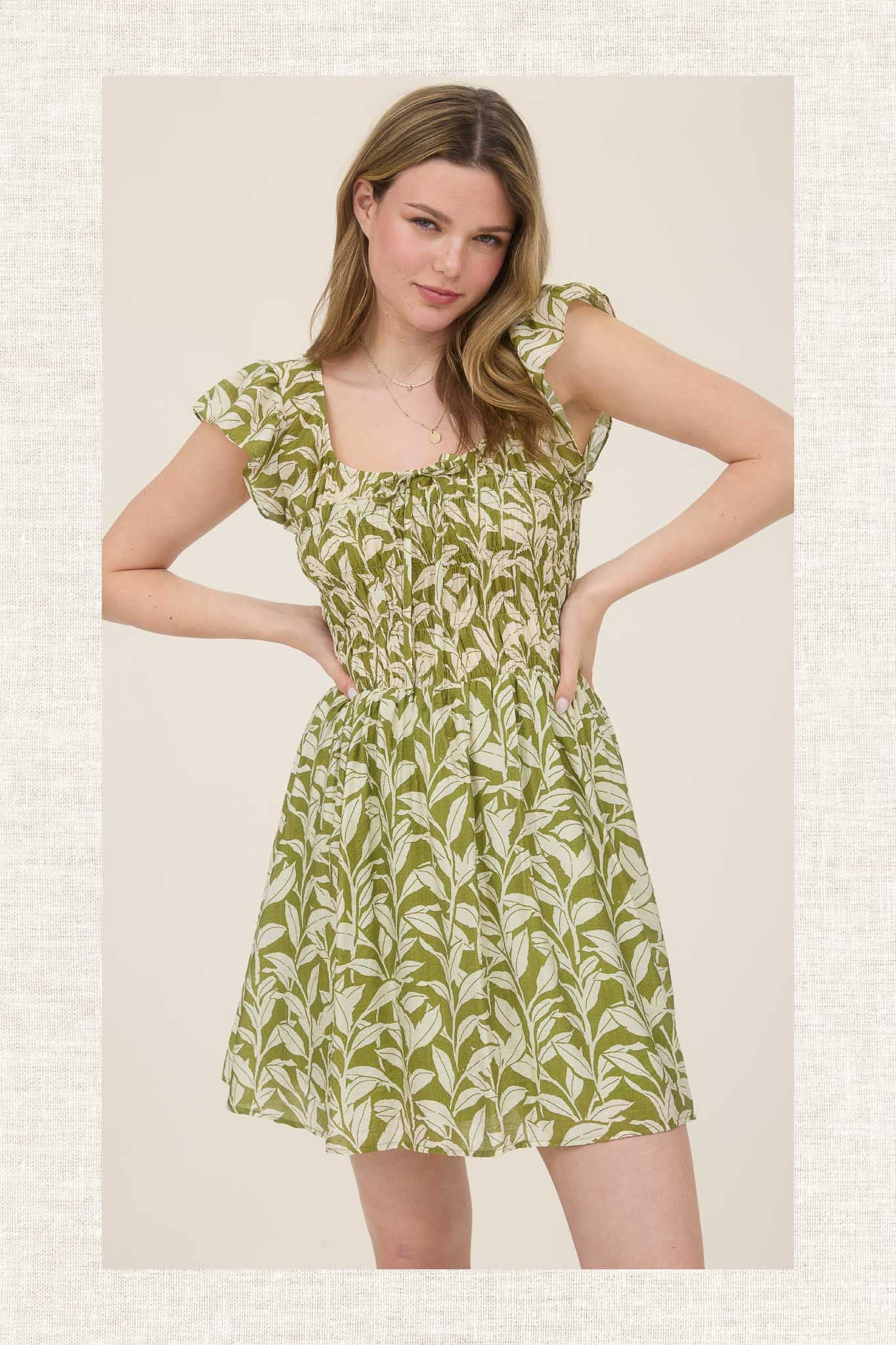 LEAF PRINT FRONT TIE SMOCKED BODICE MINI DRESS