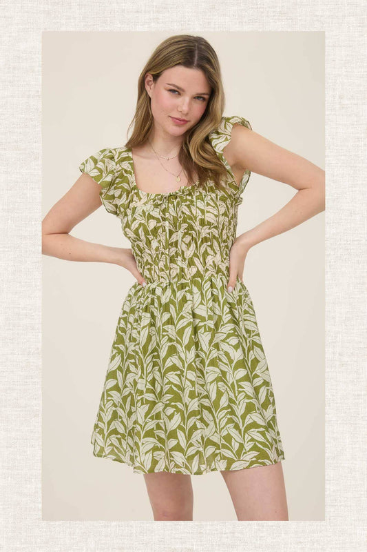 LEAF PRINT FRONT TIE SMOCKED BODICE MINI DRESS