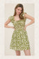 LEAF PRINT FRONT TIE SMOCKED BODICE MINI DRESS