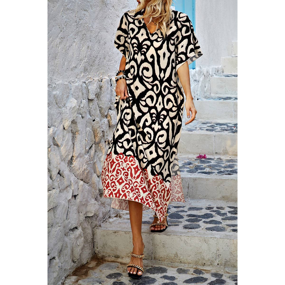 Random Printed V Neck Split Loose Dress