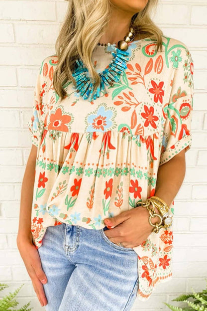 VINTAGE PRINTED SHORT-SLEEVED CHIFFON TOP