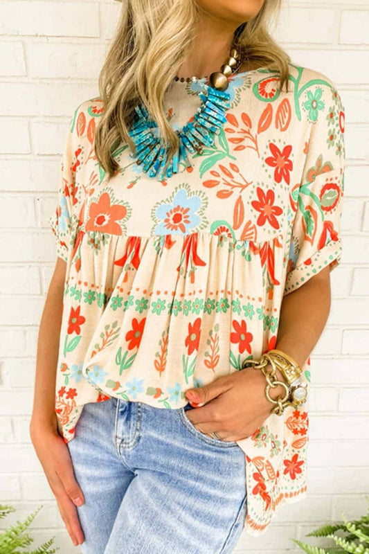VINTAGE PRINTED SHORT-SLEEVED CHIFFON TOP
