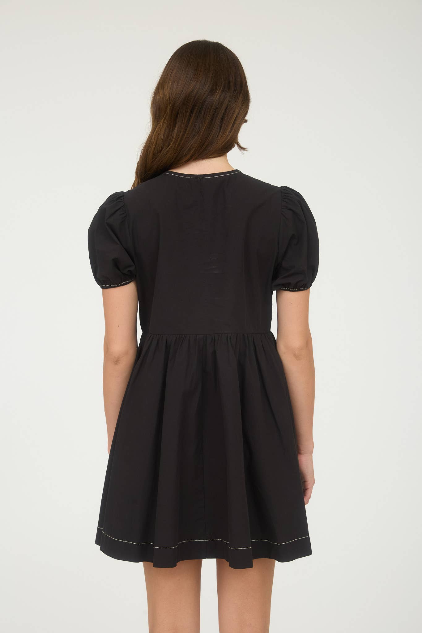 FRONT TIE SHORT PUFF SLEEVE BABYDOLL MINI DRESS