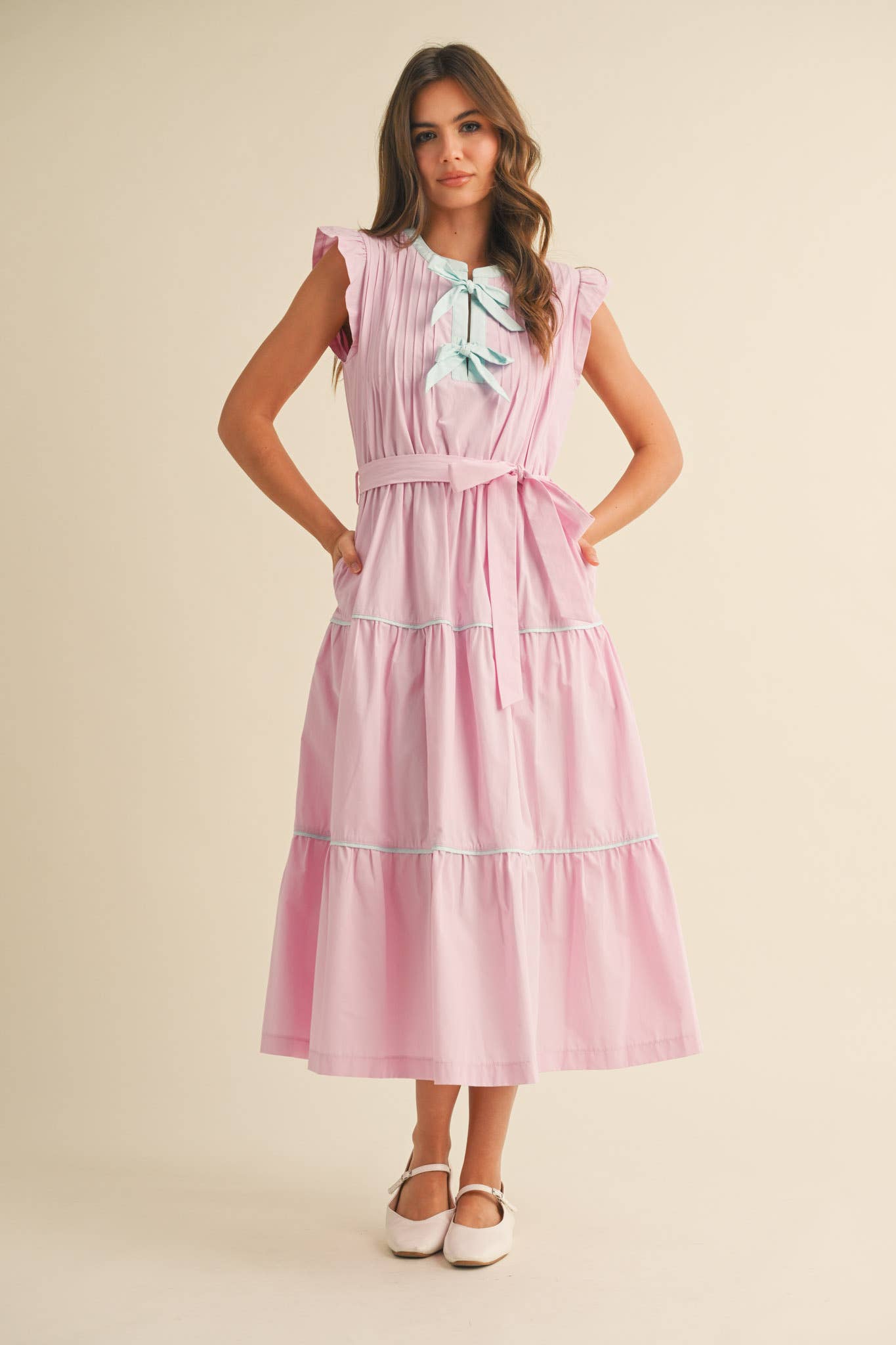 PIN TUCK AND BOW DETAIL TIERED MIDI DRESS