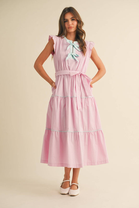 PIN TUCK AND BOW DETAIL TIERED MIDI DRESS