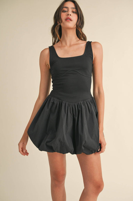 BUBBLE HEM MIXED MEDIA MINI DRESS