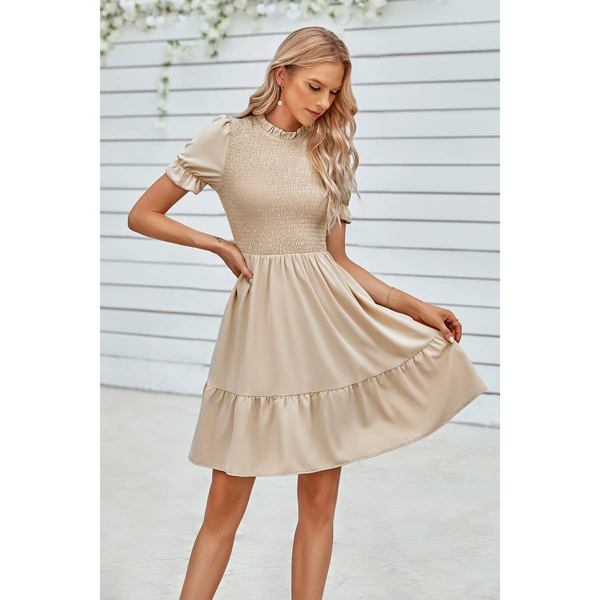 Solid Puff Sleeve Shirred Detail Ruffle Hem Dress