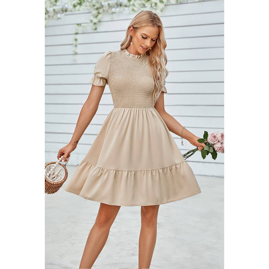 Solid Puff Sleeve Shirred Detail Ruffle Hem Dress