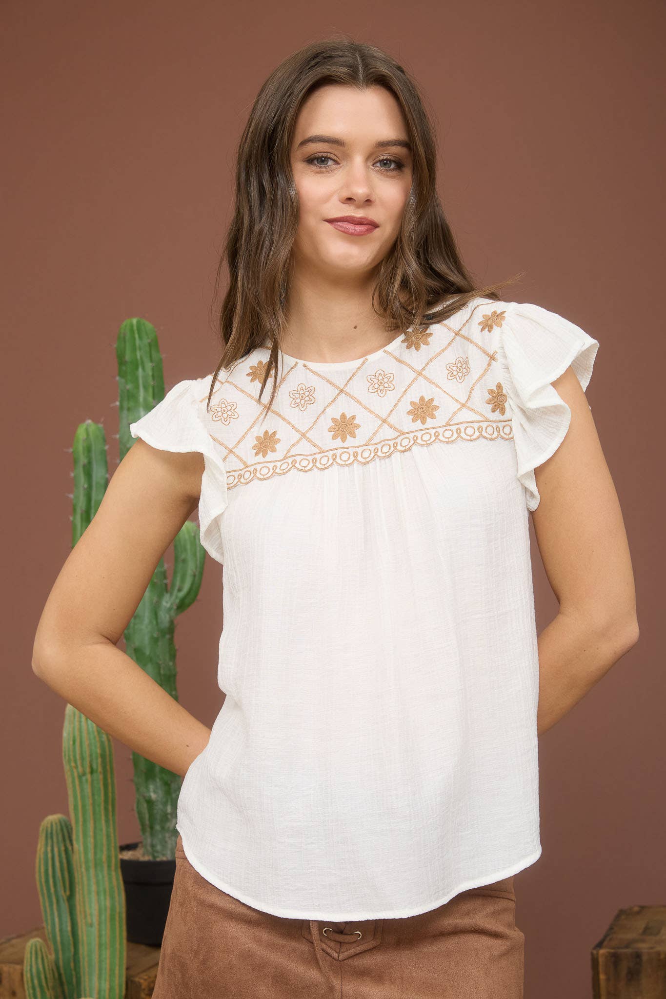 FLORAL EMBROIDERED YOKE RUFFLE SLEEVE TOP