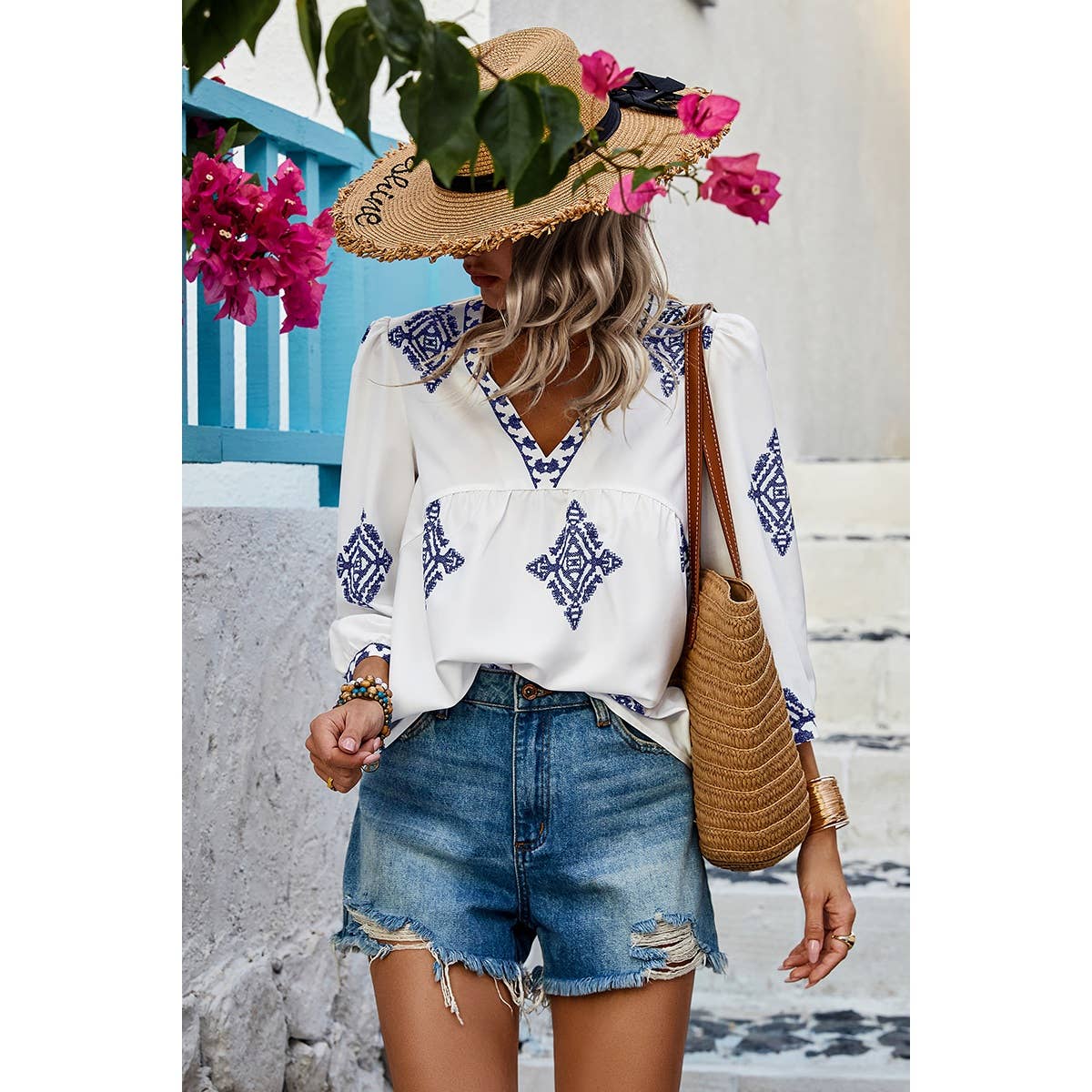 Printed T Shirt V Neck Loose Puff Sleeves Shirts