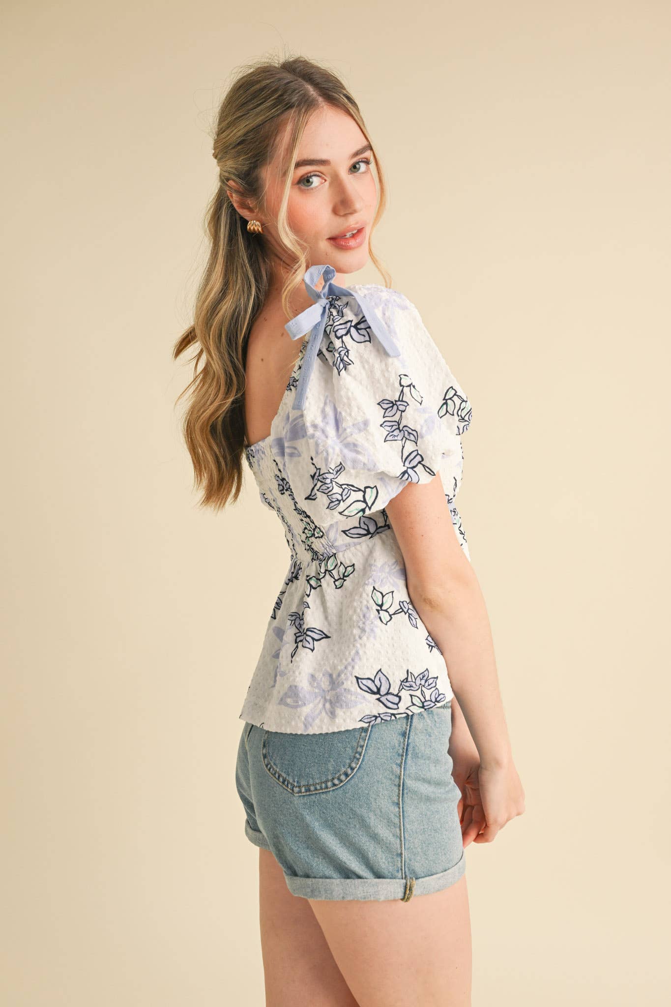 EXCLUSIVE PRINT FLORAL PEPLUM WAIST TOP