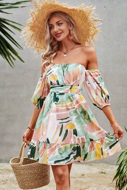 Off Shoulder Short Sleeve High Waist A Line Dress