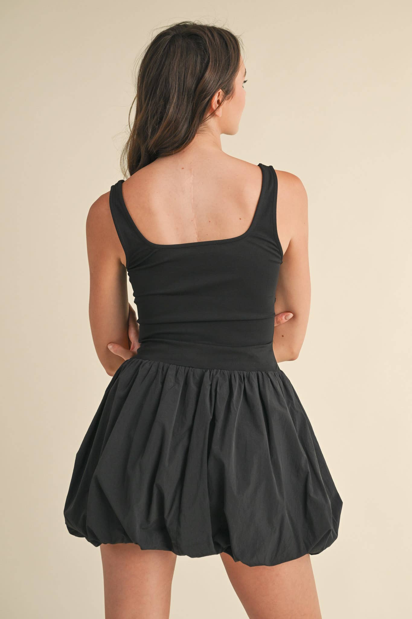 BUBBLE HEM MIXED MEDIA MINI DRESS