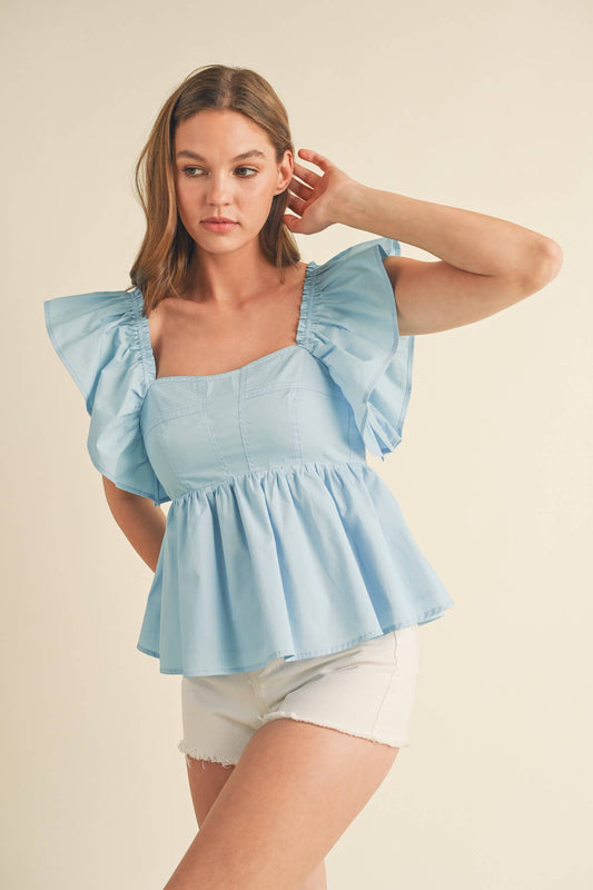RUFFLED FLUTTER SLEEVE BABYDOLL TOP