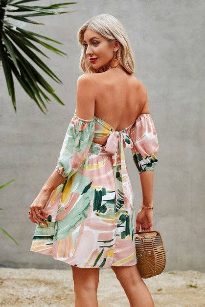 Off Shoulder Short Sleeve High Waist A Line Dress