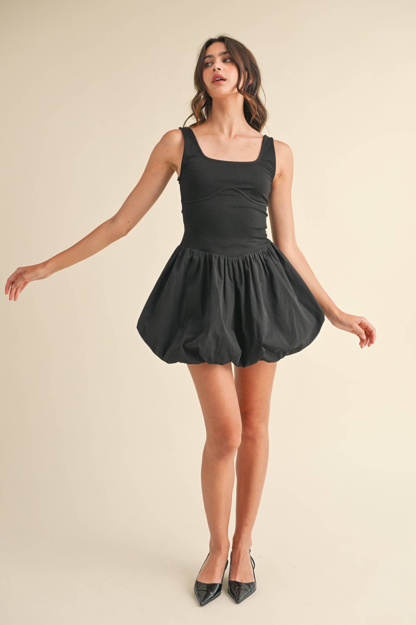 BUBBLE HEM MIXED MEDIA MINI DRESS