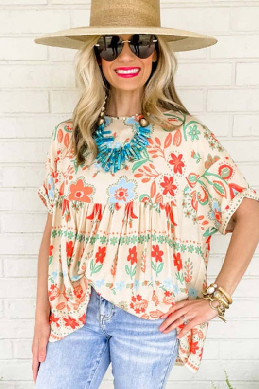 VINTAGE PRINTED SHORT-SLEEVED CHIFFON TOP