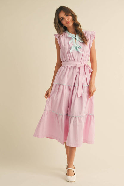 PIN TUCK AND BOW DETAIL TIERED MIDI DRESS