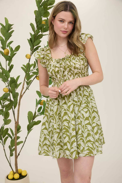 LEAF PRINT FRONT TIE SMOCKED BODICE MINI DRESS