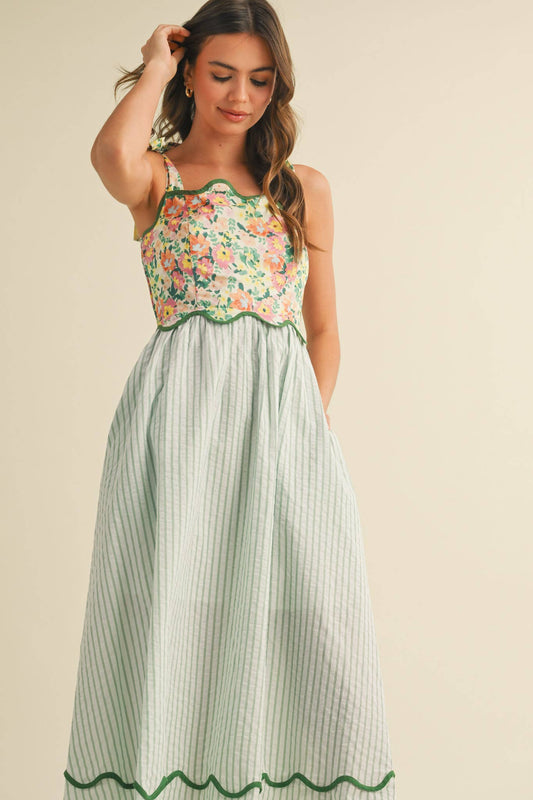 SCALLOPED MIXED PRINT MIDI DRESS