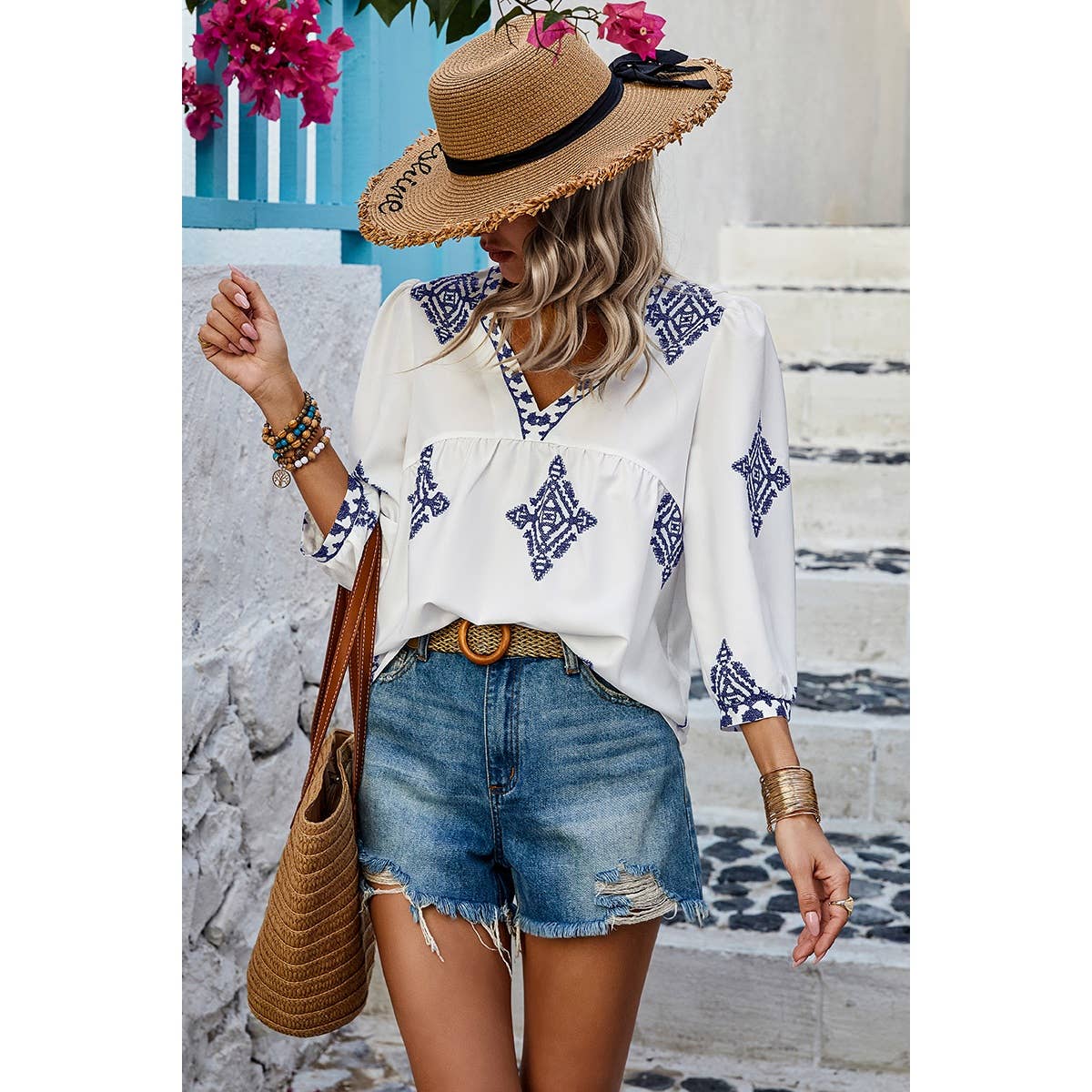 Printed T Shirt V Neck Loose Puff Sleeves Shirts