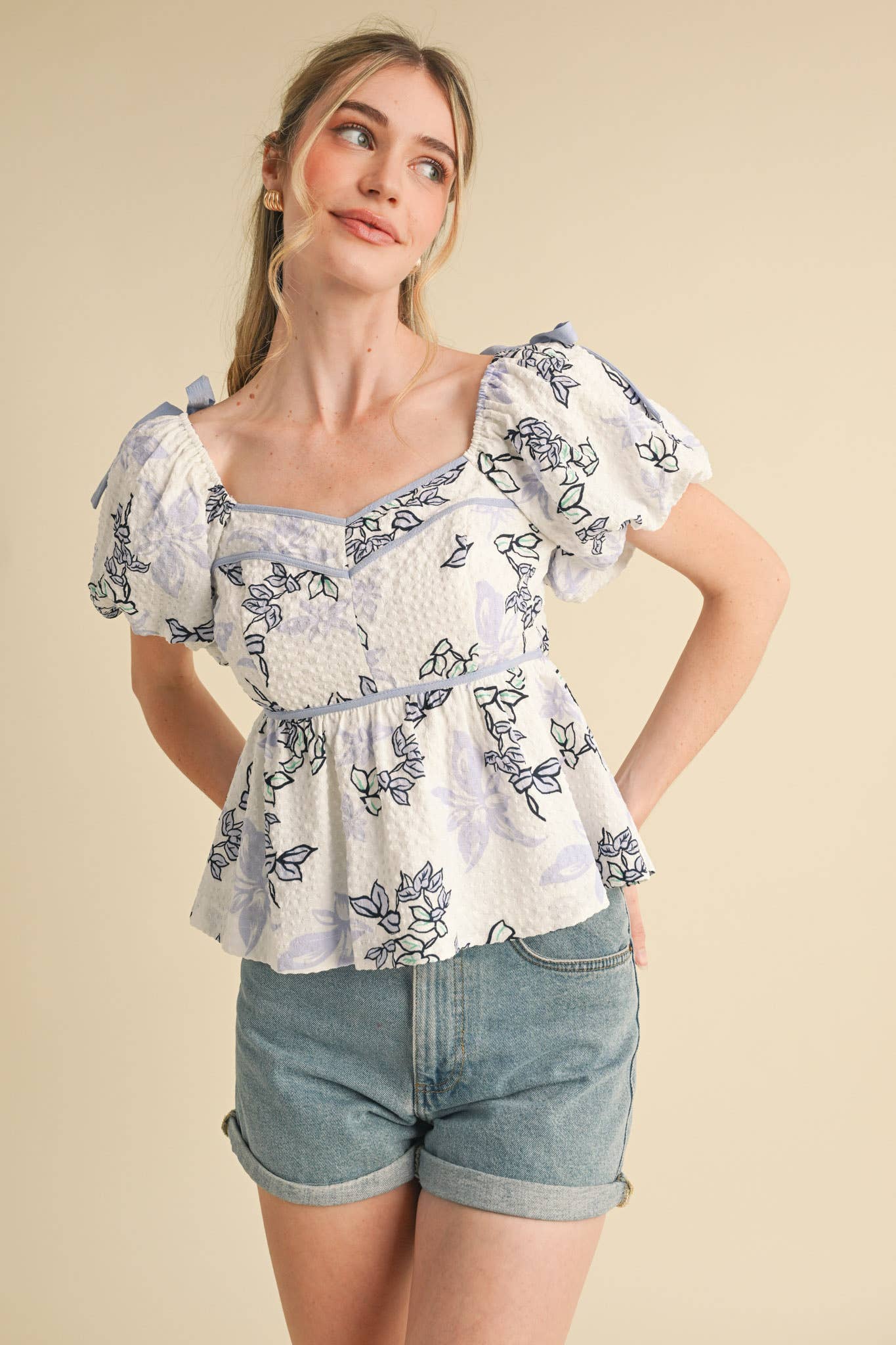 EXCLUSIVE PRINT FLORAL PEPLUM WAIST TOP