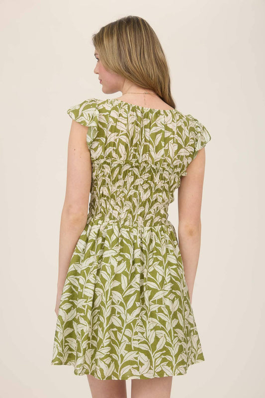 LEAF PRINT FRONT TIE SMOCKED BODICE MINI DRESS