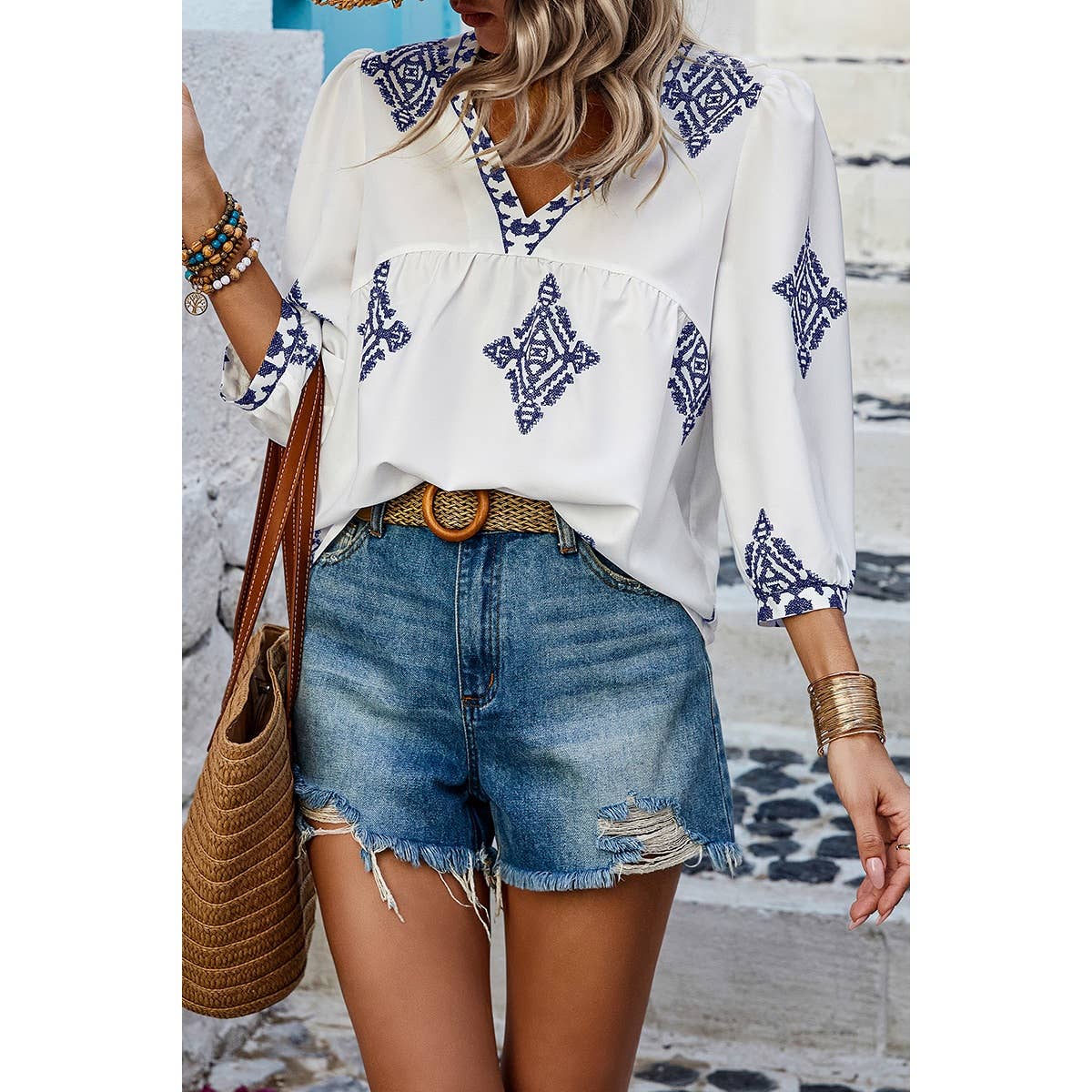 Printed T Shirt V Neck Loose Puff Sleeves Shirts