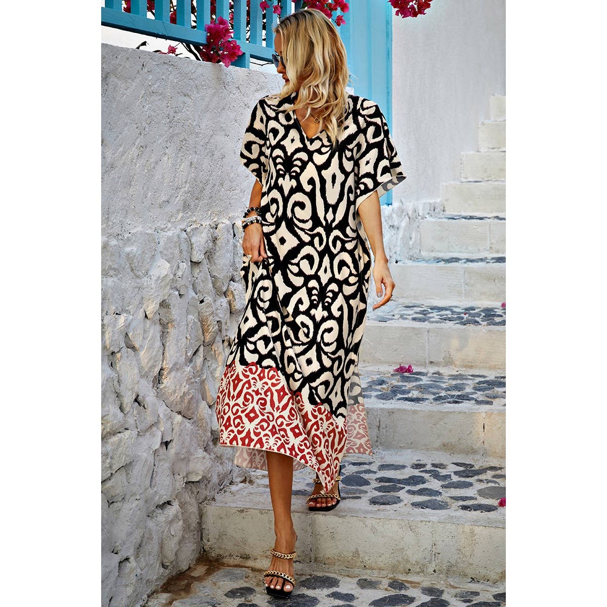 Random Printed V Neck Split Loose Dress