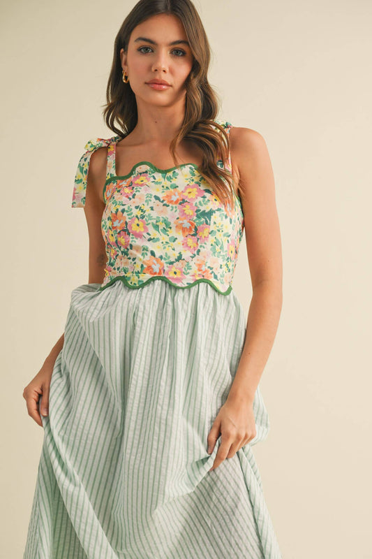 SCALLOPED MIXED PRINT MIDI DRESS