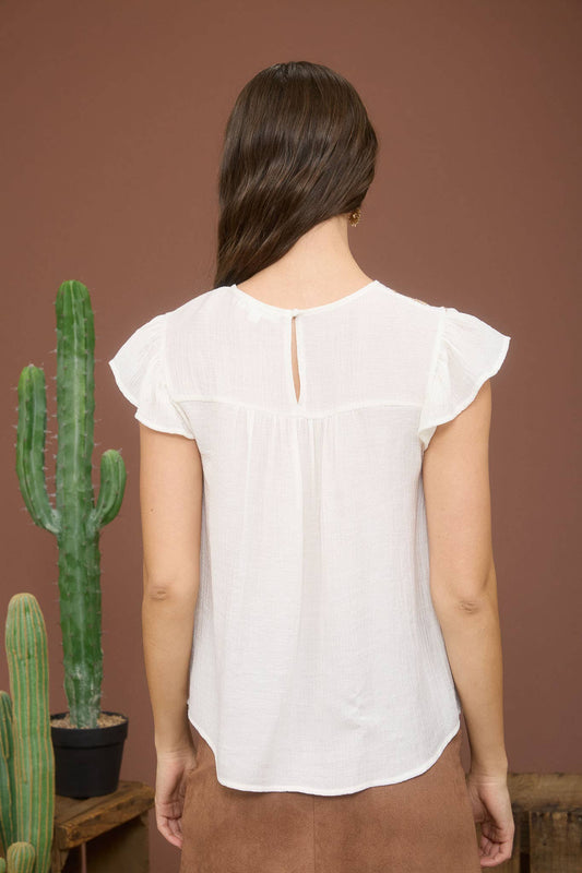 FLORAL EMBROIDERED YOKE RUFFLE SLEEVE TOP