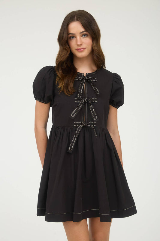 FRONT TIE SHORT PUFF SLEEVE BABYDOLL MINI DRESS