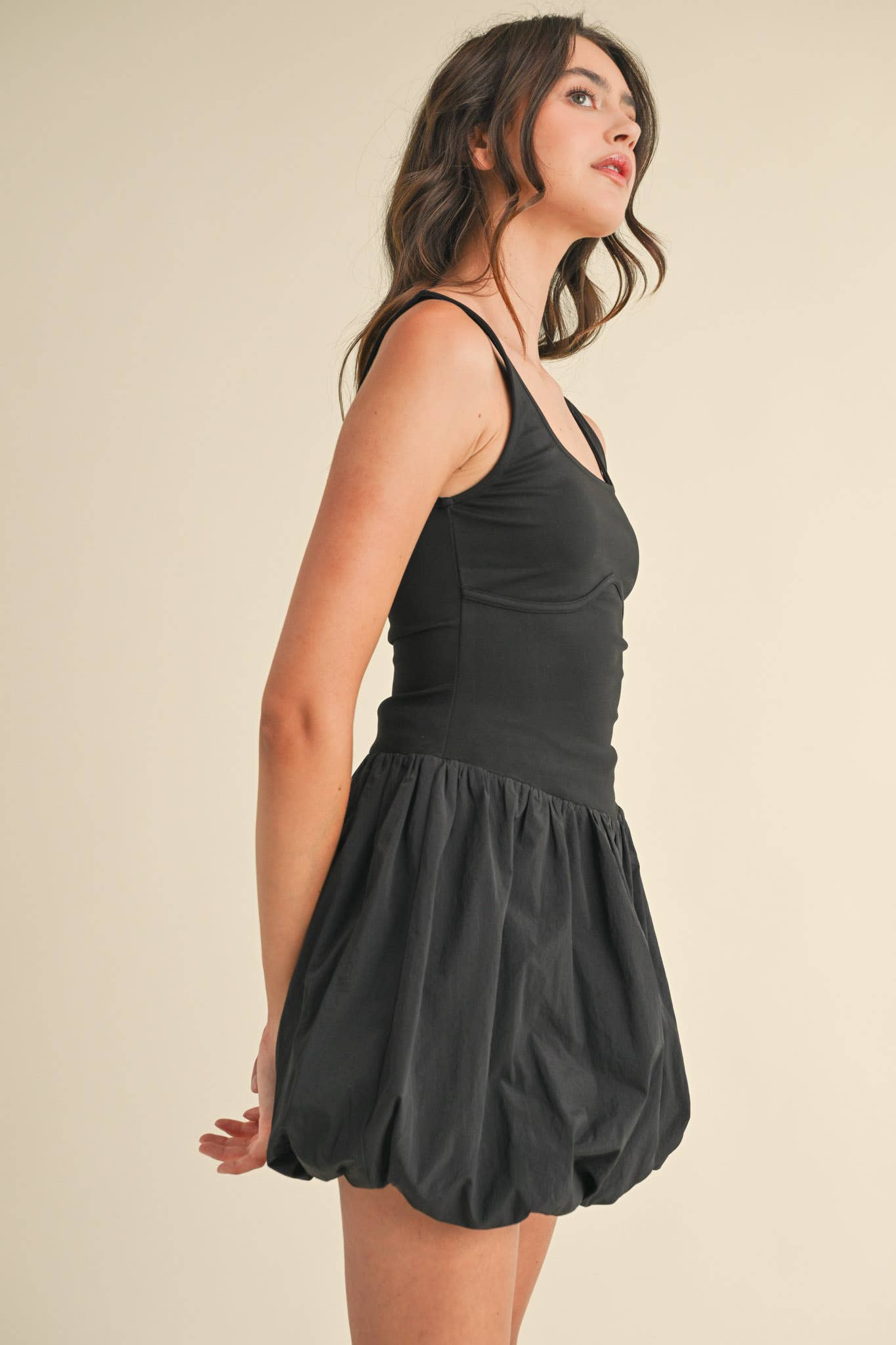 BUBBLE HEM MIXED MEDIA MINI DRESS