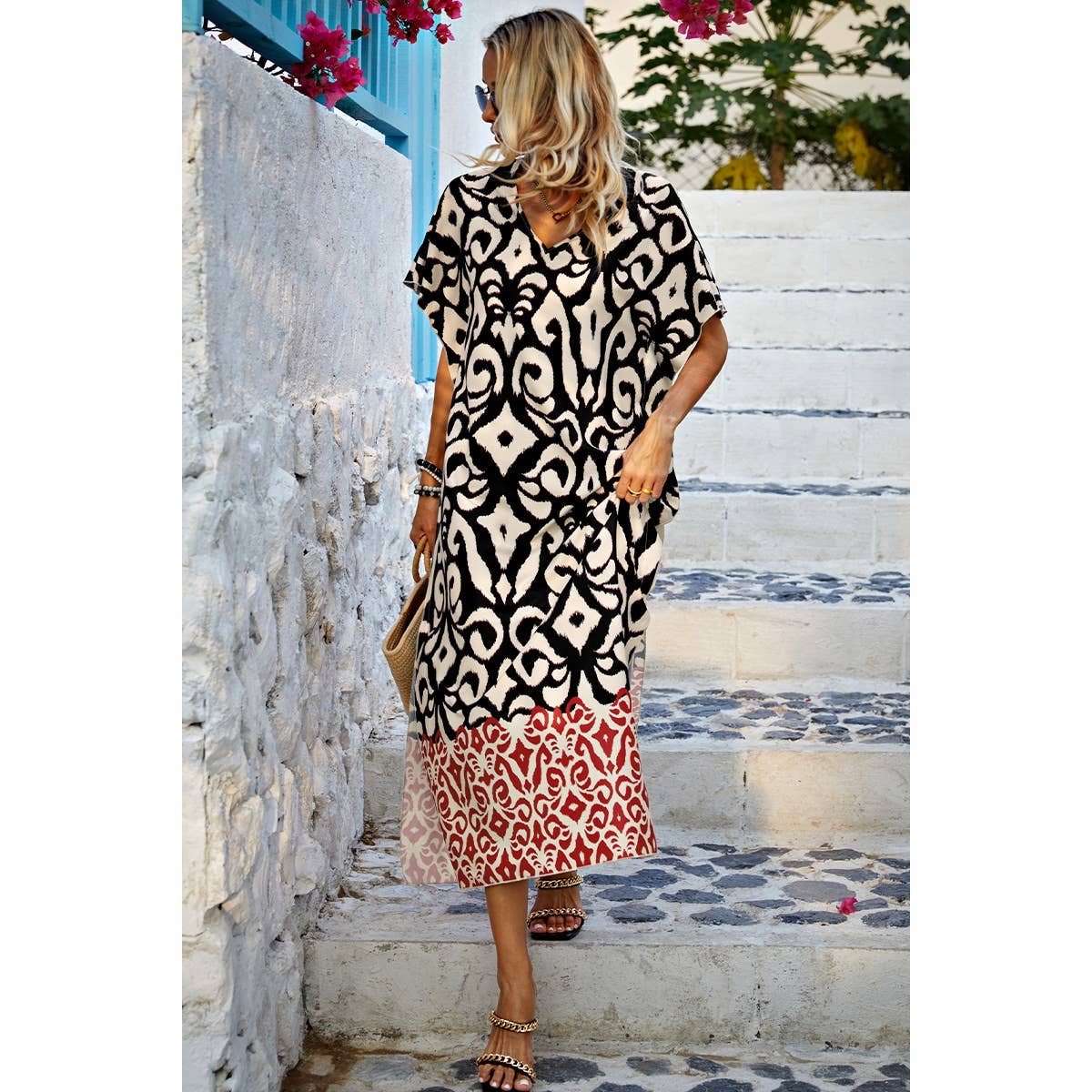 Random Printed V Neck Split Loose Dress