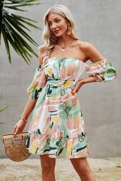 Off Shoulder Short Sleeve High Waist A Line Dress