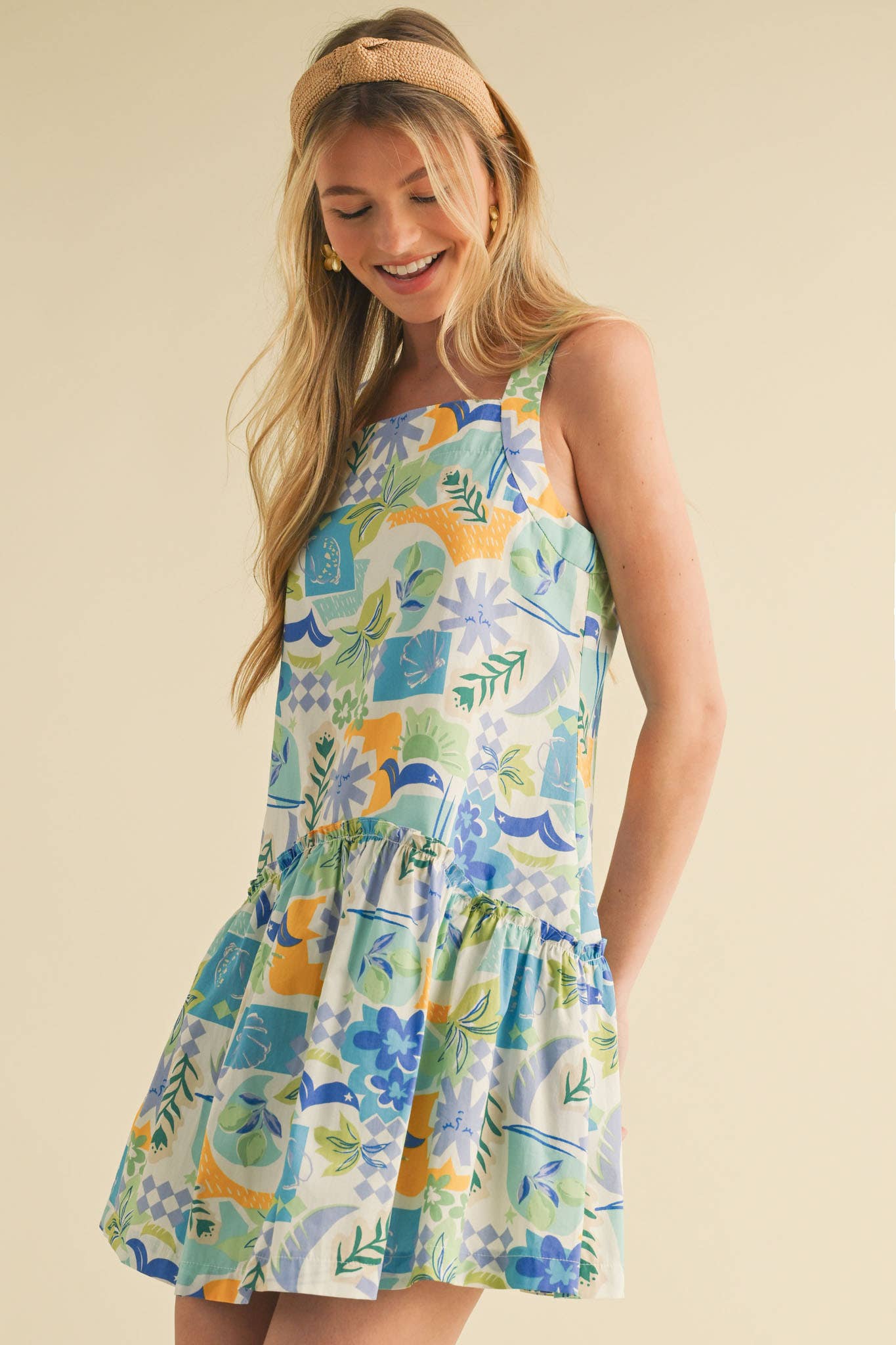 EXCLUSIVE PRINT RUFFLED DROP WAIST MINI DRESS