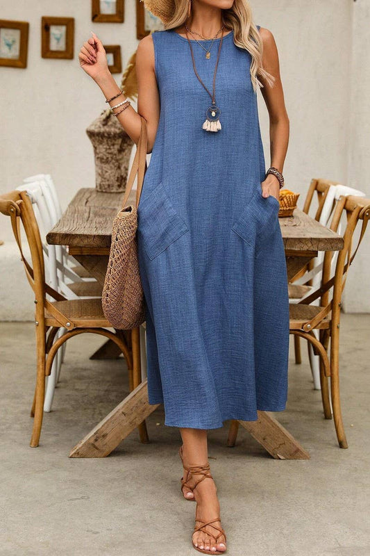PULLOVER ROUND NECK SLEEVELESS POCKET MAXI DRESS
