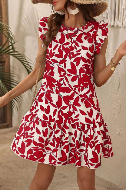 SUMMER FLYING SLEEVE RUFFLED PRINT DRESS