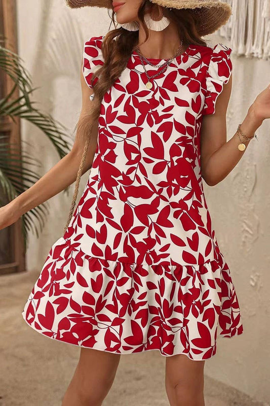 SUMMER FLYING SLEEVE RUFFLED PRINT DRESS